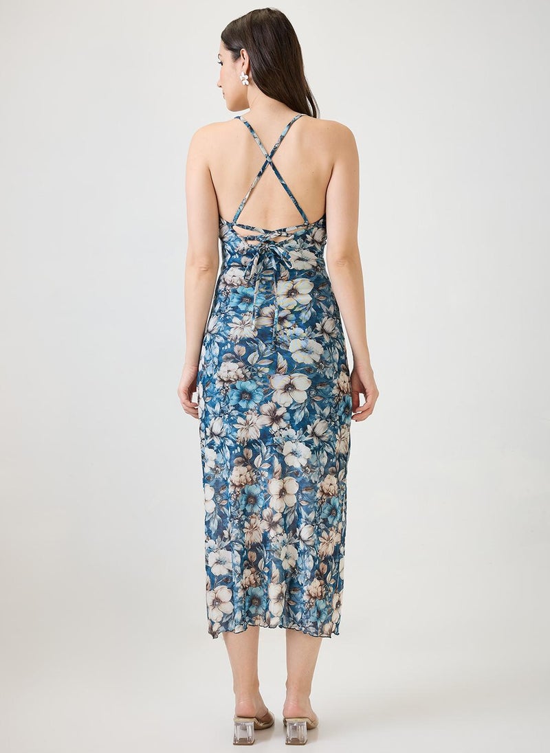 Globus Women Blue Floral Printed Cowl Neck Strappy Sleeves Back Tie-Up Ruched Midi Bodycon Party Dress - Image 4